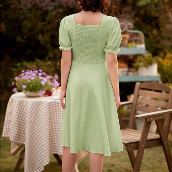 Green Puff Sleeve Midi Sundress for Wedding Guest - Picture 2 of 5